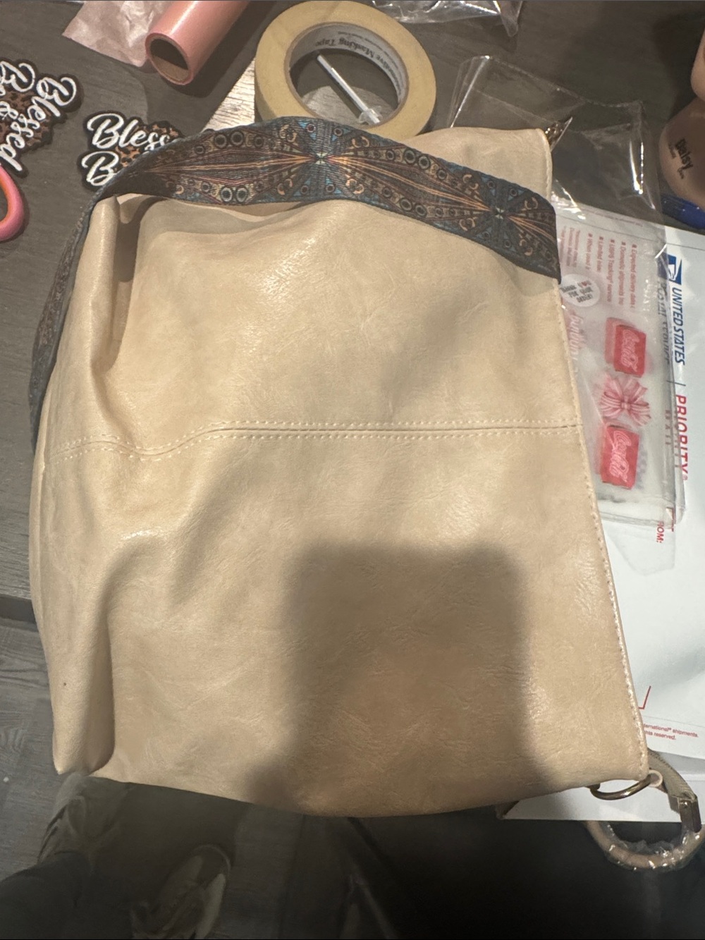Beige Women’s Shoulder Bag with Patterned Strap
